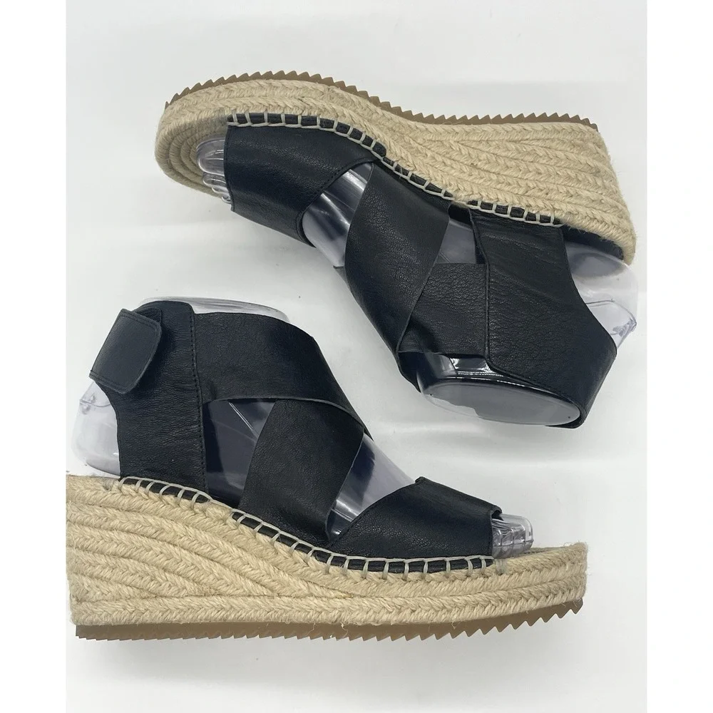 Eileen Fisher Willow Wedge Leather Espadrilles 6.5 Black Minimalist Shoes New